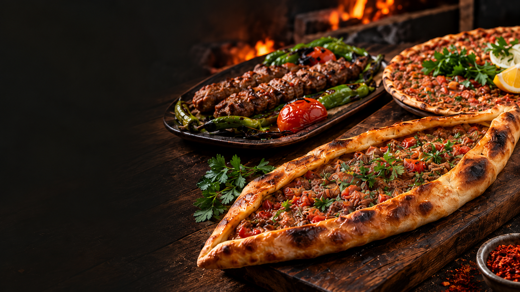 Közde pişmiş sıcak pide, kebap ve çıtır lahmacun sofrası