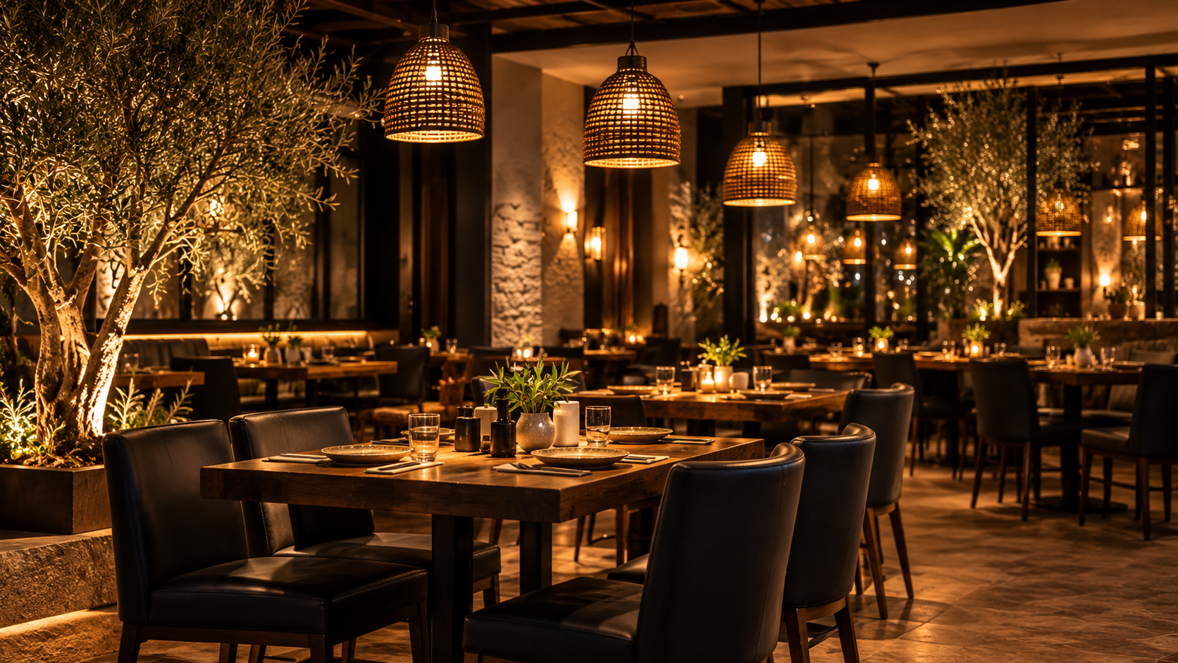 Sıcak ışıklandırmalı restoran oturma düzeni